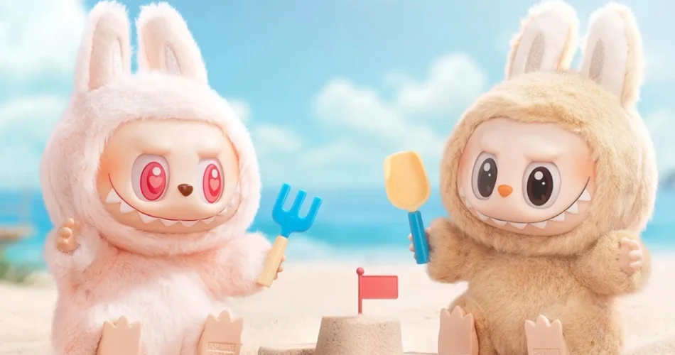 personagens labubus se divertindo na praia