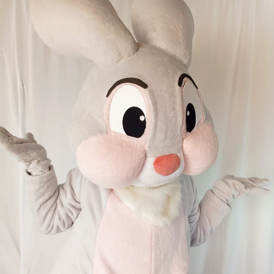 Detalhes do traje premium do Coelho Cinza Rosado Personagem Vivo em evento